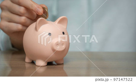 Female hands puts a coin in a piggy bank close-up. 97147522