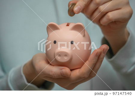 Women's hands hold a piggy bank close-up. 97147540