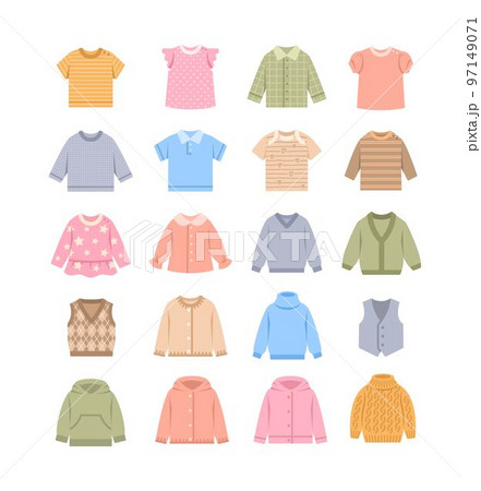 Baby clothes color flat icons. Simple cartoon pictograms of children clothing. Different shirts, sweaters, cardigans and vests. Kids wardrobe garment. Outfit for toddler, little boy or girl 97149071