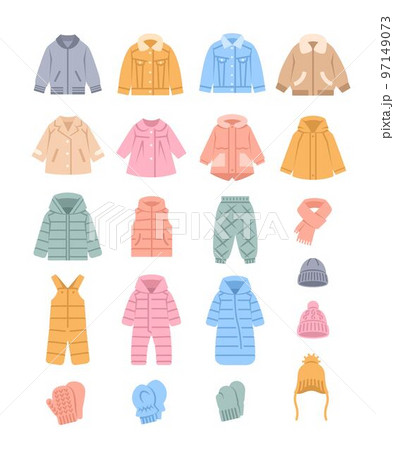 Baby outerwear warm winter autumn clothes colorful flat icons. Jackets, coats, snowsuits, vest, hats and mittens. Pictograms of children clothing. Basic outfit for toddler, little boy or girl 97149073