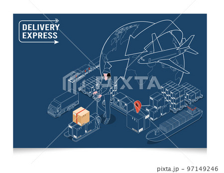 3D isometric Set of logistics solutions concept with Global Logistics, Warehouse Logistics, Maritime Transport, Online delivery, Export and Import. Vector illustration eps10 97149246