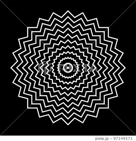 Geometric Circle Zig Zag Lines White Pattern on Black Background. Geometric Circle Zig Zag Lines White Pattern on Black Background. 97149371
