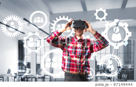 Guy wearing checked shirt and virtual mask demonstrating some emotions 97149444
