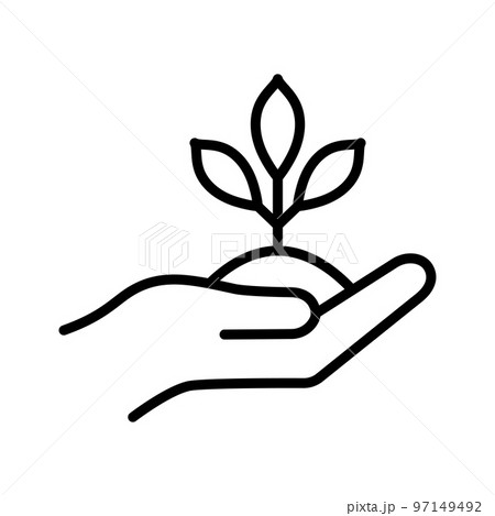 Hand holding plant with leaves. Business growing or agriculture outlined symbol. 97149492