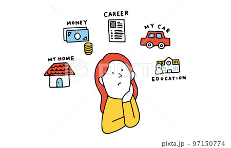お金、キャリア、マイホーム、子供の教育、マイカーなど悩みごとがある女性のイラスト お金、キャリア、マイホーム、子供の教育、マイカーなど悩みごとがある女性のイラスト 97150774