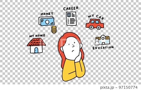 お金、キャリア、マイホーム、子供の教育、マイカーなど悩みごとがある女性のイラスト お金、キャリア、マイホーム、子供の教育、マイカーなど悩みごとがある女性のイラスト 97150774