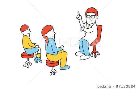 男性医師から子供の検査結果について説明を聞く親子のイラスト 男性医師から子供の検査結果について説明を聞く親子のイラスト 97150984