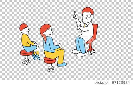 男性医師から子供の検査結果について説明を聞く親子のイラスト 男性医師から子供の検査結果について説明を聞く親子のイラスト 97150984