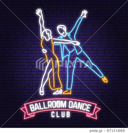 Ballroom dance sport club Bright Neon Sign. Dance sport neon emblem with man and woman silhouette. Vector. Rumba, salsa, samba couples dancing ballroom style. 97151660