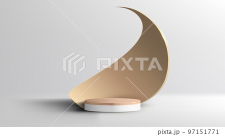 3D realistic luxury style empty wood grain top white podium pedestal stand with golden spiral decor elements backdrop 97151771