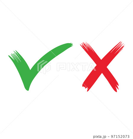 Hand drawn of Green check mark and Red cross isolated. Right and wrong icon. Vector illustration. 97152073