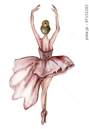 Watercolor dancing ballerina in pink dress. Isolated dancing ballerina. Hand drawn classic ballet performance, pose. Young  pretty ballerina women  illustration. Can be used for postcard and posters.  97152265