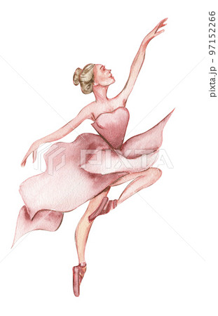 Watercolor dancing ballerina in pink dress. Isolated dancing ballerina. Hand drawn classic ballet performance, pose. Young  pretty ballerina women  illustration. Can be used for postcard and posters.  97152266