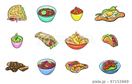 Vector Mexican set with favorite dishes in a cute cartoon style. Traditional mexican food in flat style. Tartilla, nachas, fajitos, salsa, chili. 97152669
