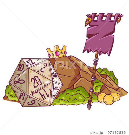 Dungeon and dragons board game. Dice d20 and cartoon cave entrance. Tabletop RPG game 97152856