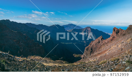 Taburiente caldera wide panorama at dawn with text space 97152959
