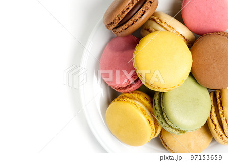Macaron. Traditional french colorful macarons close up, macro 97153659