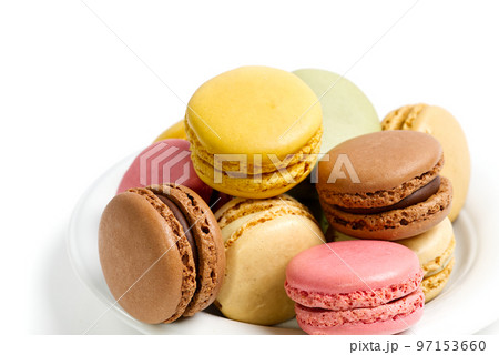 Macaron. Traditional french colorful macarons close up, macro Macaron. Traditional french colorful macarons close up, macro 97153660