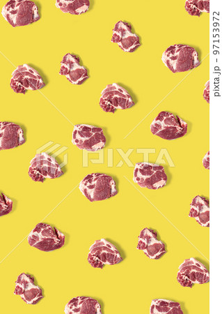 background with raw pork meat slices on yellow Illuminating background, raw food background, not pattern, poster modern creative, flatlay background with raw pork meat slices on yellow Illuminating background, raw food background, not pattern, poster modern creative, flatlay 97153972