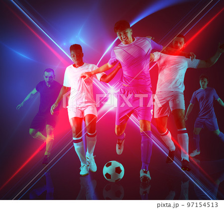Soccer players play with soccerball in a match Soccer players play with soccerball in a match 97154513