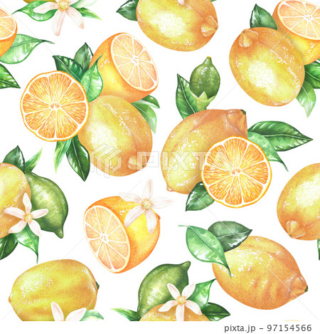 Seamless pattern of lemons with leaves. Watercolor illustration. Isolated on a white background.For your design fabric, kitchen accessories, product packaging with citrus acid or scent 97154566
