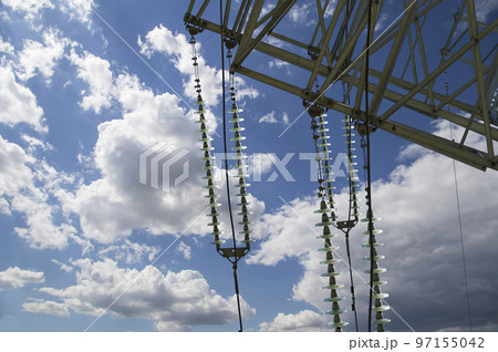 Electricity pylon (high voltage power line) on the background of the cloudy sky Electricity pylon (high voltage power line) on the background of the cloudy sky 97155042