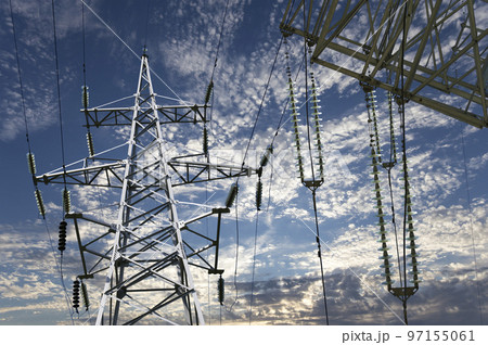Electricity pylon (high voltage power line) on the background of the cloudy sky Electricity pylon (high voltage power line) on the background of the cloudy sky 97155061