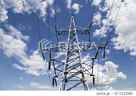 Electricity pylon (high voltage power line) on the background of the cloudy sky 97155080