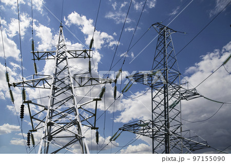 Electricity pylon (high voltage power line) on the background of the cloudy sky Electricity pylon (high voltage power line) on the background of the cloudy sky 97155090