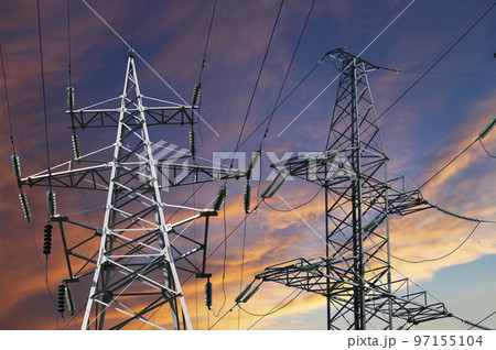 Electricity pylon (high voltage power line) against the background of a romantic evening sky Electricity pylon (high voltage power line) against the background of a romantic evening sky 97155104