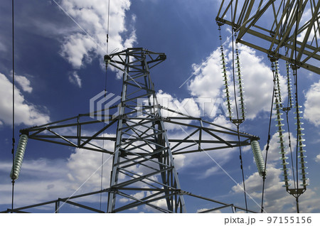 Electricity pylon (high voltage power line) on the background of the cloudy sky Electricity pylon (high voltage power line) on the background of the cloudy sky 97155156