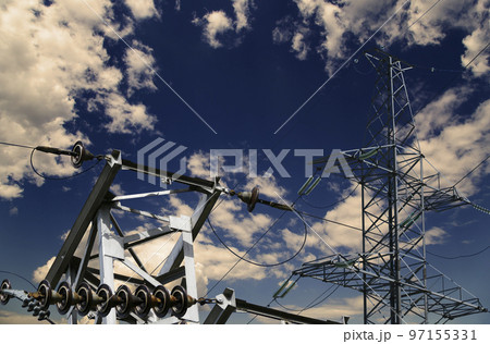 Electricity pylon (high voltage power line) against the background of a romantic evening sky 97155331