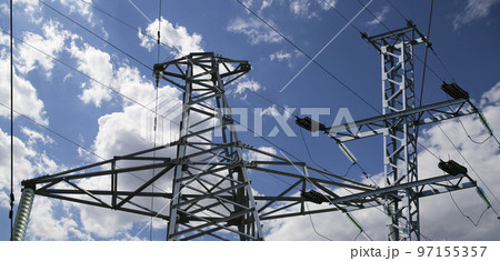 Electricity pylon (high voltage power line) on the background of the cloudy sky Electricity pylon (high voltage power line) on the background of the cloudy sky 97155357