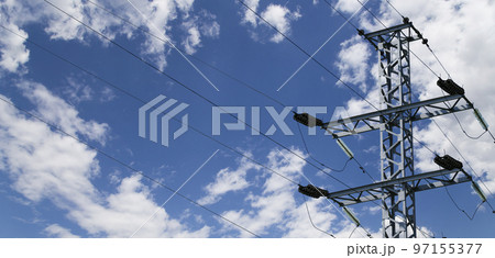 Electricity pylon (high voltage power line) on the background of the cloudy sky 97155377