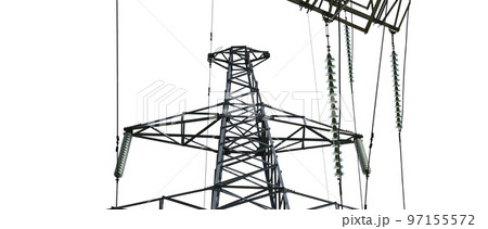 Electricity pylon (high voltage power line) isolated, on a white background 97155572