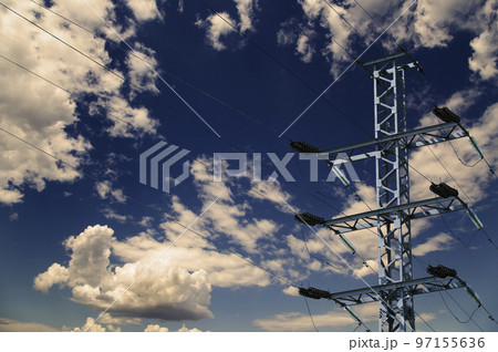 Electricity pylon (high voltage power line) against the background of a romantic evening sky 97155636