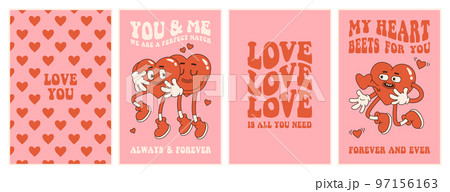 Groovy lovely hearts posters. Love concept. Happy Valentines day greeting card. Funky background in trendy retro 60s 70s cartoon style. Vector illustration in pink red colors. Groovy lovely hearts posters. Love concept. Happy Valentines day greeting card. Funky background in trendy retro 60s 70s cartoon style. Vector illustration in pink red colors. 97156163