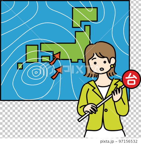 A weathercaster announcing a typhoon 97156532