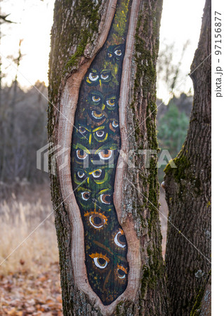 Eyes of owls painted in a hollow tree 97156877