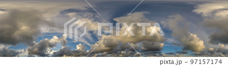 Dramatic sunset sky panorama with Cumulus clouds. Seamless hdr 360 pano in spherical equirectangular format. Complete zenith for 3D visualization, game and sky replacement for aerial drone panoramas Dramatic sunset sky panorama with Cumulus clouds. Seamless hdr 360 pano in spherical equirectangular format. Complete zenith for 3D visualization, game and sky replacement for aerial drone panoramas 97157174