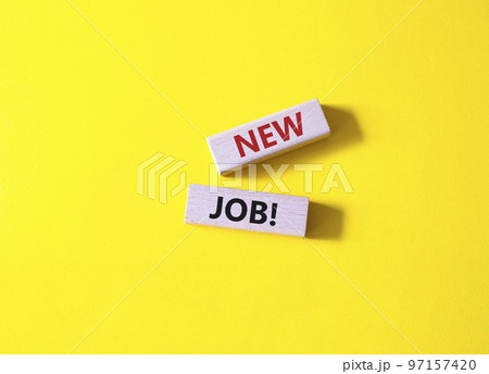 New job symbol. Wooden blocks with words New job. Beautiful yellow background. Business and New job concept. Copy space. 97157420