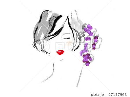 女性と花の手描き和風イラストのイラスト素材 [97157968] - PIXTA