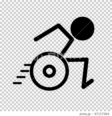 車椅子のレースサイン。車椅子を素早く漕ぐ人。ベクター。 車椅子のレースサイン。車椅子を素早く漕ぐ人。ベクター。 97157984