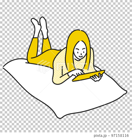 女人一邊看著靠墊上的平板電腦一邊放鬆 97158116