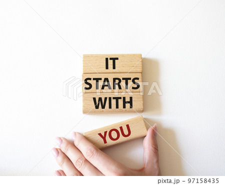 It starts with you symbol. Wooden blocks with words It starts with you. Beautiful white background. Businessman hand. Business and It starts with you concept. Copy space. It starts with you symbol. Wooden blocks with words It starts with you. Beautiful white background. Businessman hand. Business and It starts with you concept. Copy space. 97158435