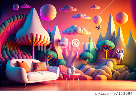 cozy modern creative interior with voluminous graffiti on the wall in the form of a fabulous portal 97158994