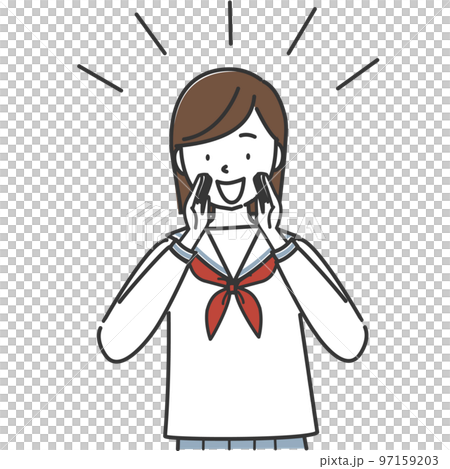 A female student who puts her hand on her mouth and shouts in a loud voice 97159203