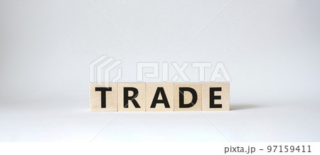 Trade symbol. Wooden cubes with word Trade. Beautiful white background. Trade concept. Copy space. Trade symbol. Wooden cubes with word Trade. Beautiful white background. Trade concept. Copy space. 97159411