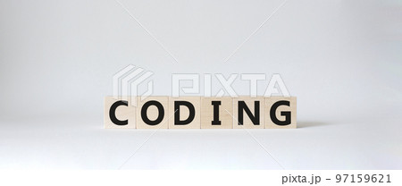 Coding symbol. Concept word Coding on wooden cubes. Beautiful white background. Business and Coding concept. Copy space. Coding symbol. Concept word Coding on wooden cubes. Beautiful white background. Business and Coding concept. Copy space. 97159621