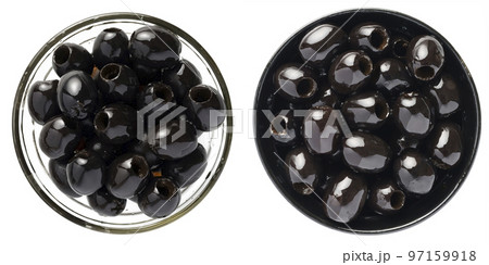 Delicious black olives in bowl isolated on white 97159918